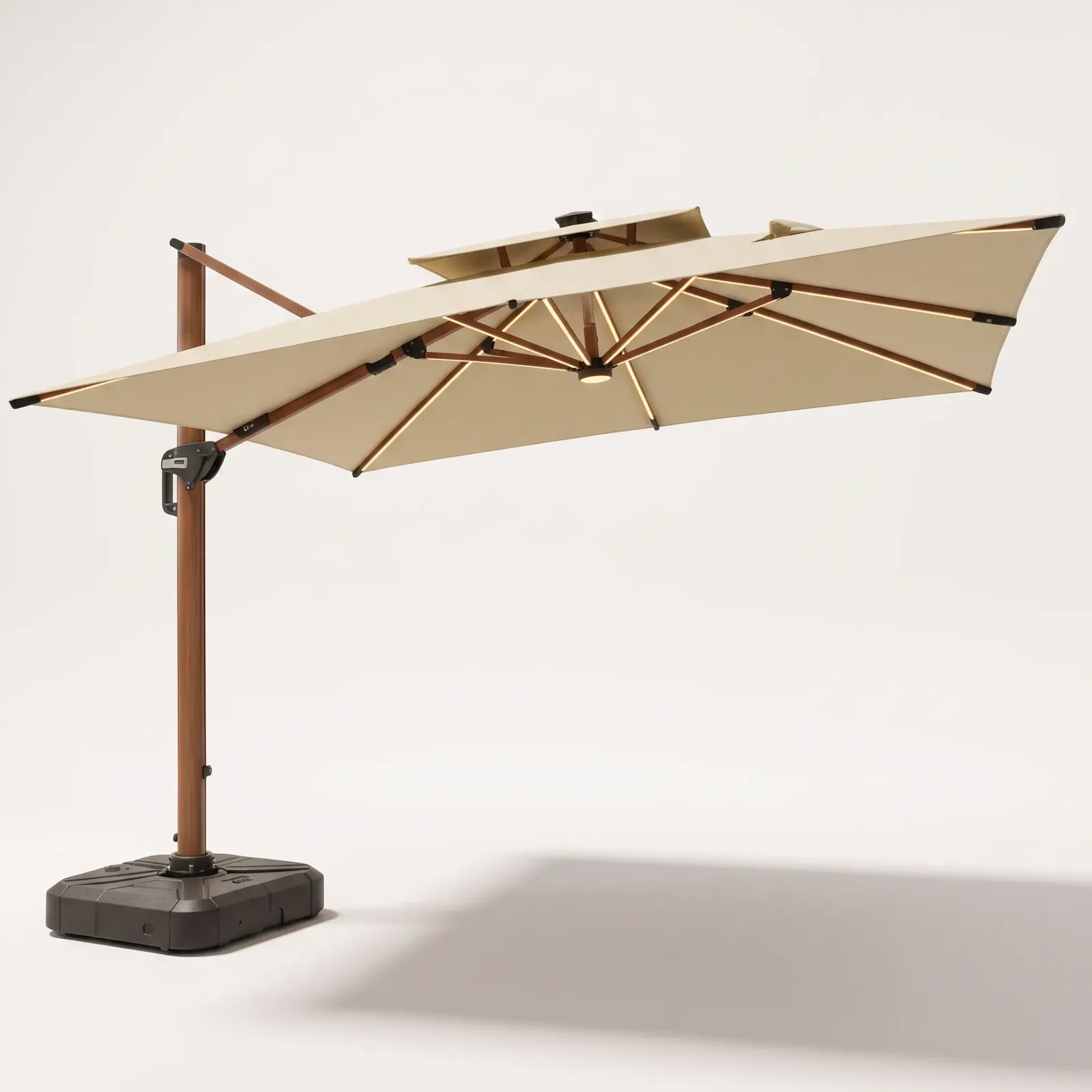Ombrelone Sombrella Gold LED 3x3 na cor Bege, vista lateral com base