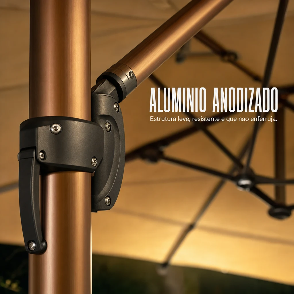Detalhe da estrutura em alumínio anodizado do ombrelone Sombrella