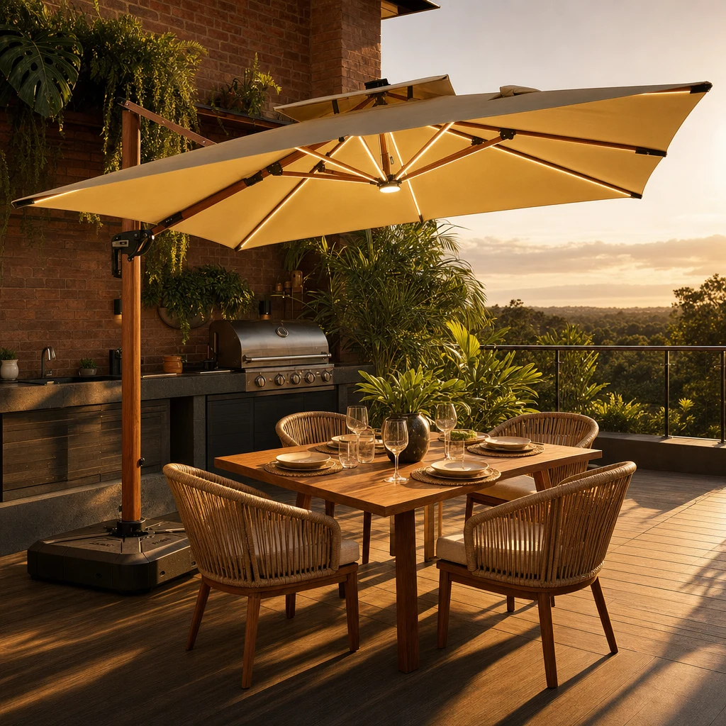 Ombrelone Sombrella com LED aceso em área gourmet